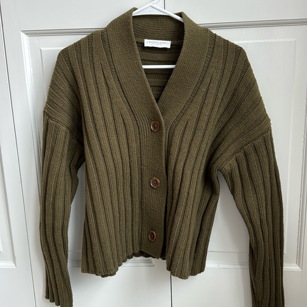 Everlane olive green cardigan sweater